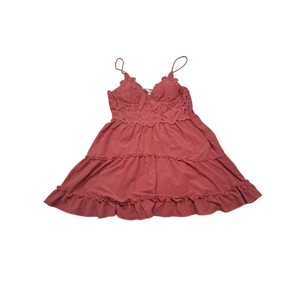 The Vintage Shop Women Terracotta Rose Lace Tiered Mini Dress Large Smocked Back